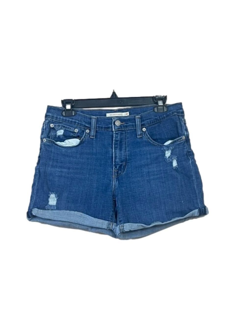 Levi's Shorts Womens Size 30 Dark Wash Blue Denim Mid Length Roll Up Distressed